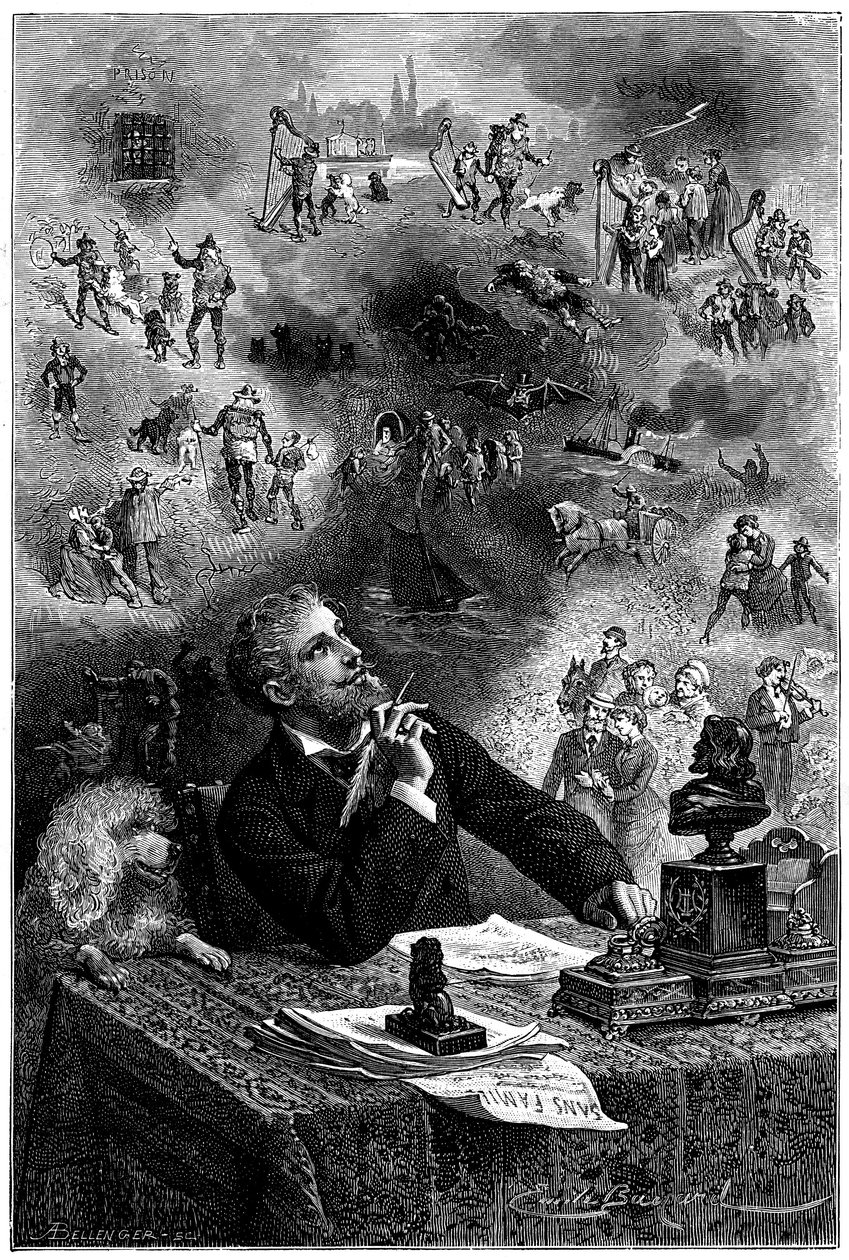 Frontispice de Emile Bayard para a edição Hetzel 1880 do romance "Sans Famille" de Hector Malot: O escritor à sua mesa de trabalho imagina os seus personagens e a trama do seu livro - Remi e os membros da trupe de Monsieur Vitalis, artista itinerante de Emile Antoine Bayard
