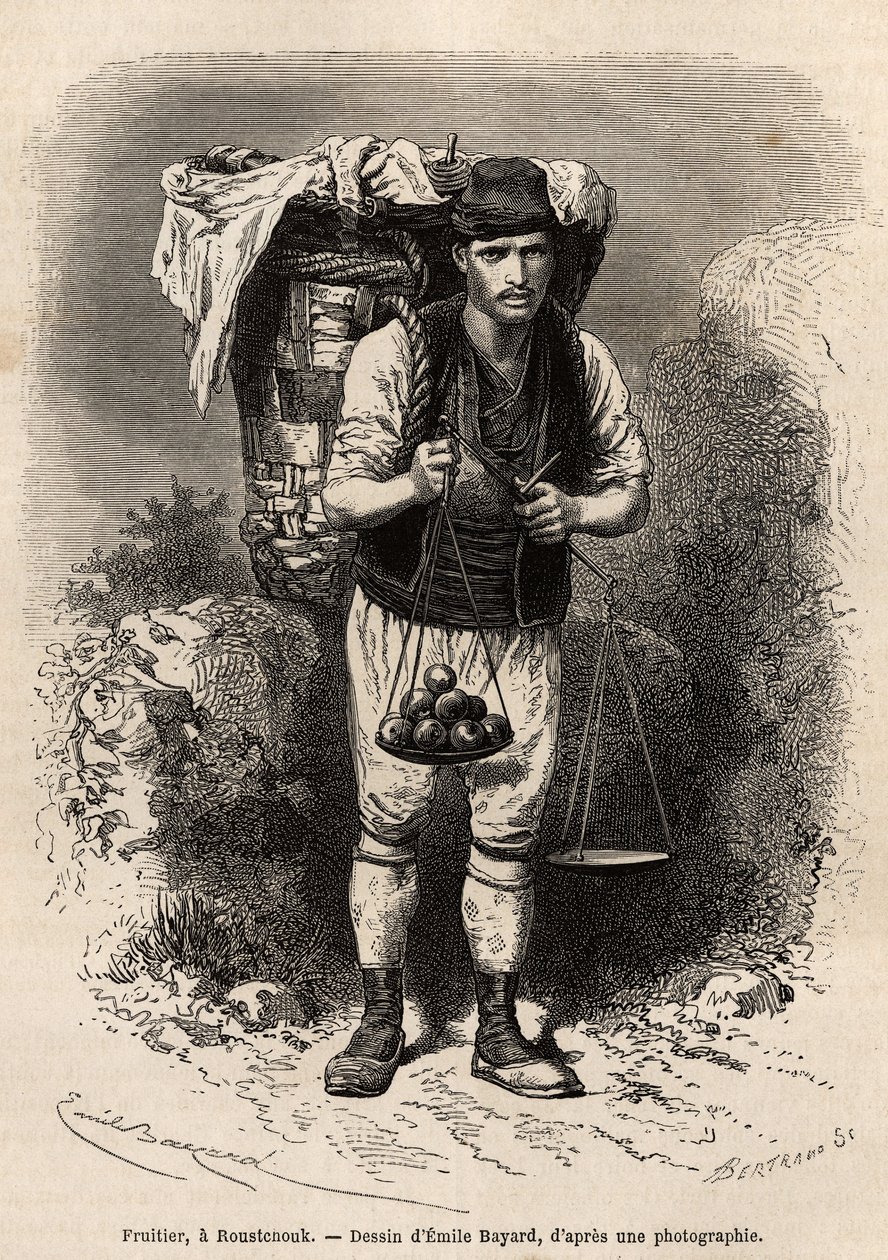 Fruitier, um comerciante itinerante de frutas frescas, com seu capuz de transporte e balança portátil nas costas, em Roustchouk (Romênia), gravando após o desenho de Emile Bayard, ilustrando a viagem à Bulgária, de Guillaume Lejean, em 1867, publicado em " de Emile Antoine Bayard