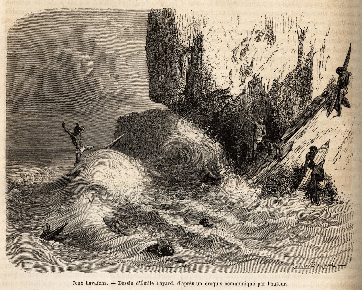 Hawaiian Games, no precipício de Mokapuu, na ilha de Oahu, os habitantes se distraíram praticando seu jogo favorito: o surf, gravando depois do desenho de Emile Bayard, ilustrando a viagem às Ilhas Sandwich, em 1855-1869, por de Emile Antoine Bayard