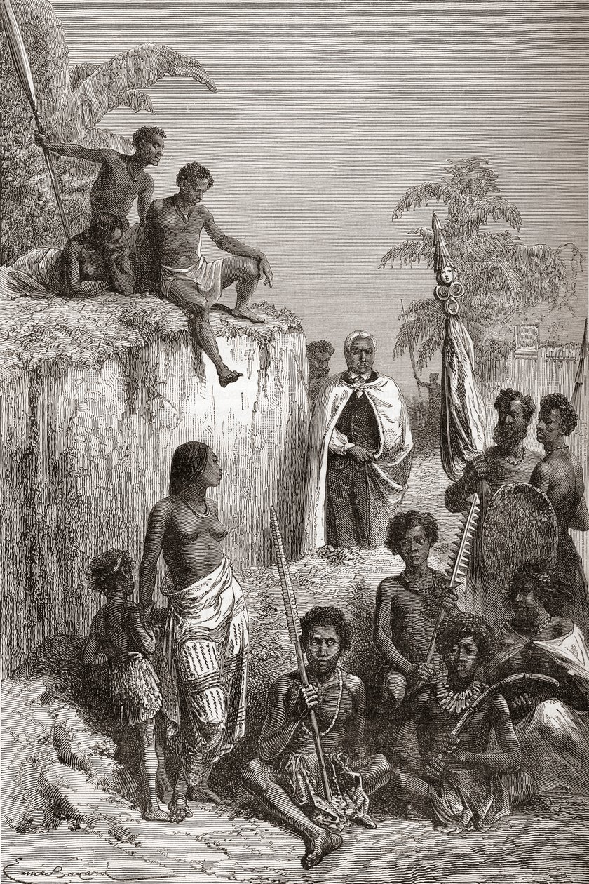 O rei havaiano Kamehameha I e seus guerreiros, ilustração de "O mundo nas mãos", publicado em 1878 (gravura) de Emile Antoine Bayard