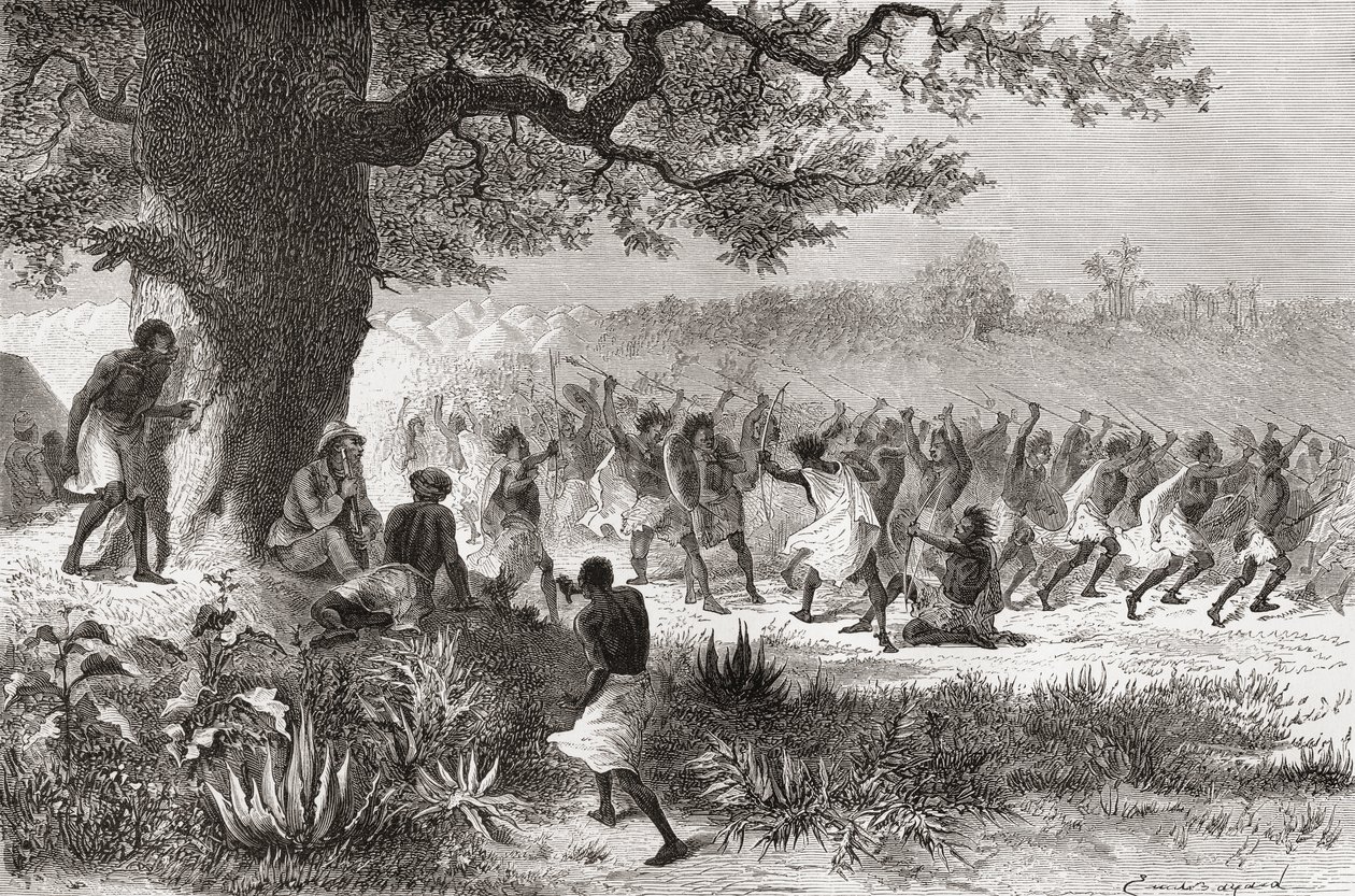 Henry Morton Stanley assistindo a tribo Vouagogos se preparando para a batalha durante sua expedição em 1871, ilustração de "O mundo nas mãos", publicado em 1878 de Emile Antoine Bayard
