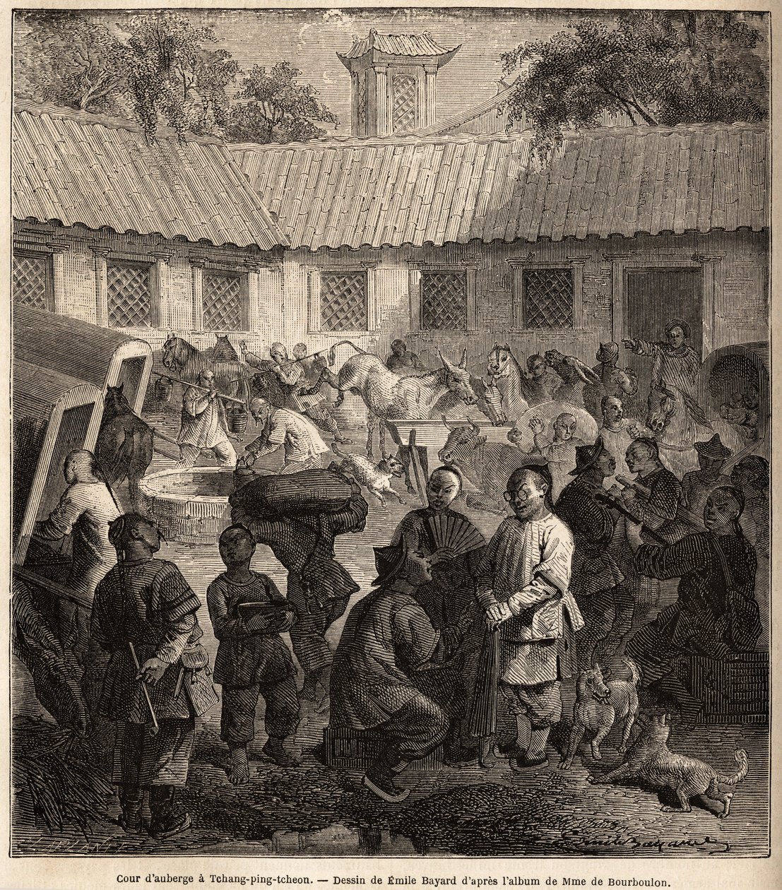 Pátio do Albergue em Chiang Ping Cheou. Desenho de Emile Bayard (1837-1891), para ilustrar a viagem de Shangai a Moscou, de 1859 a 1862, de M. de Bourboulon, Ministro da França à China. Gravura em "Le tour du monde", editado por Edouard Charton de Emile Antoine Bayard