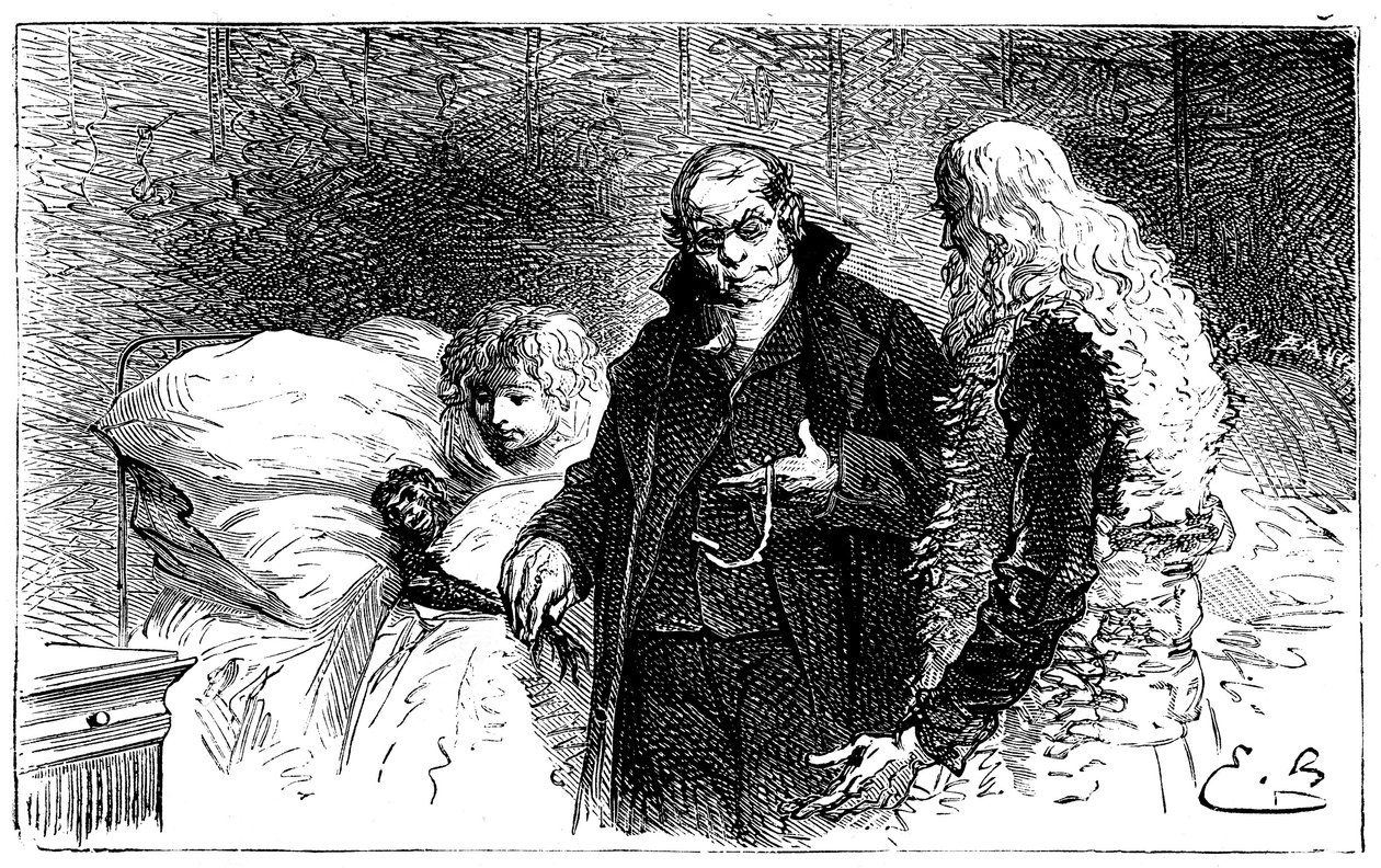 Ilustração de Emile Bayard para o romance "Sans Famille" de Hector Malot: Joli-Coeur (coração bonito), o macaco cientista doente é examinado por um médico (auscultado por um médico que lhe tira a galinha) na presença de Remi e Monsieur Vitalis - Hetze de Emile Antoine Bayard