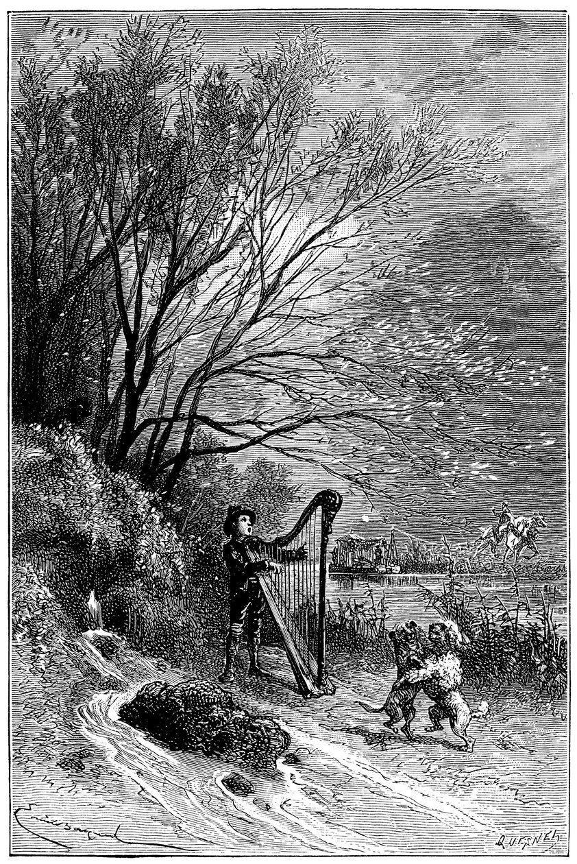 Ilustração de Emile Bayard para o romance "Sans Famille", de Hector Malot: Remi canta com a harpa enquanto seus amigos dançam, os animais cultos da trupe de Monsieur Vitalis, artista itinerante - os dois cães Capi e Dolce - músico de rua, saltibank de Emile Antoine Bayard