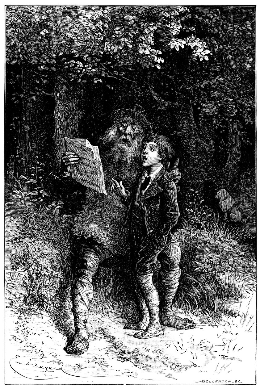Ilustração de Emile Bayard para o romance de Hector Malot "Sans Famille": Remi canta com Monsieur Vitalis, artista itinerante - músico de rua, saltimbanco - Edição Hetzel 1880 - de Emile Antoine Bayard
