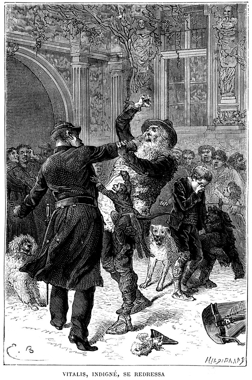 Ilustração de Emile Bayard para o romance "Sans Famille" de Hector Malot: em Toulouse, Monsieur Vitalis, indigno, é preso por um policial na frente de Remi e seus amigos, os animais cultos da trupe: Joli-Coeur (coração bonito), o macaco e de Emile Antoine Bayard