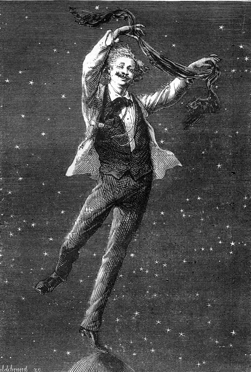 Ilustração do romance de Júlio Verne "Around the Moon", desenho de Emile Bayard, edição Hetzel/Voyages extraordinaire 1870. Esta ilustração destaca a relação de inspiração entre os dois romances "lunar" de Júlio Verne e os dois álbuns de T de Emile Antoine Bayard