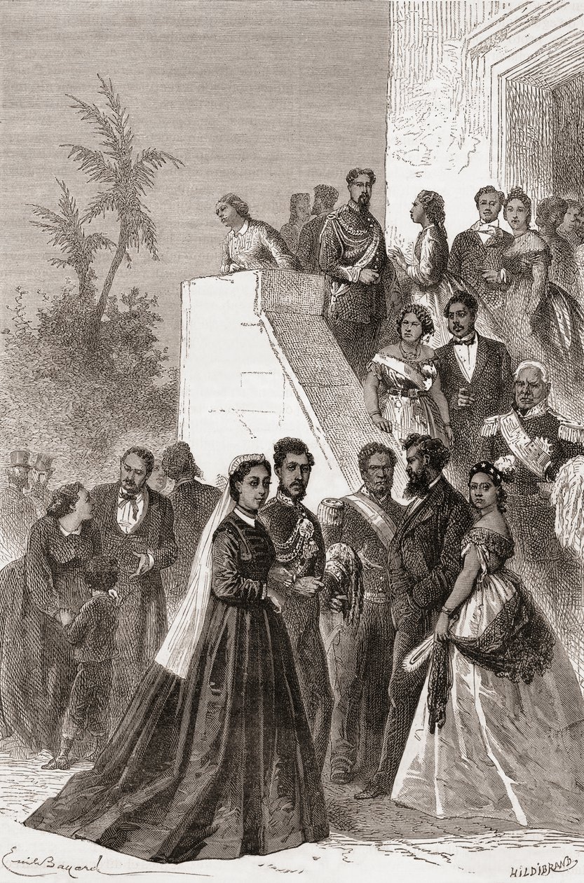Kamehameha V, centro, com sua família, ilustração de "O mundo nas mãos", gravado por Henri Theophile Hildibrand (1824-97), publicado em 1878 de Emile Antoine Bayard