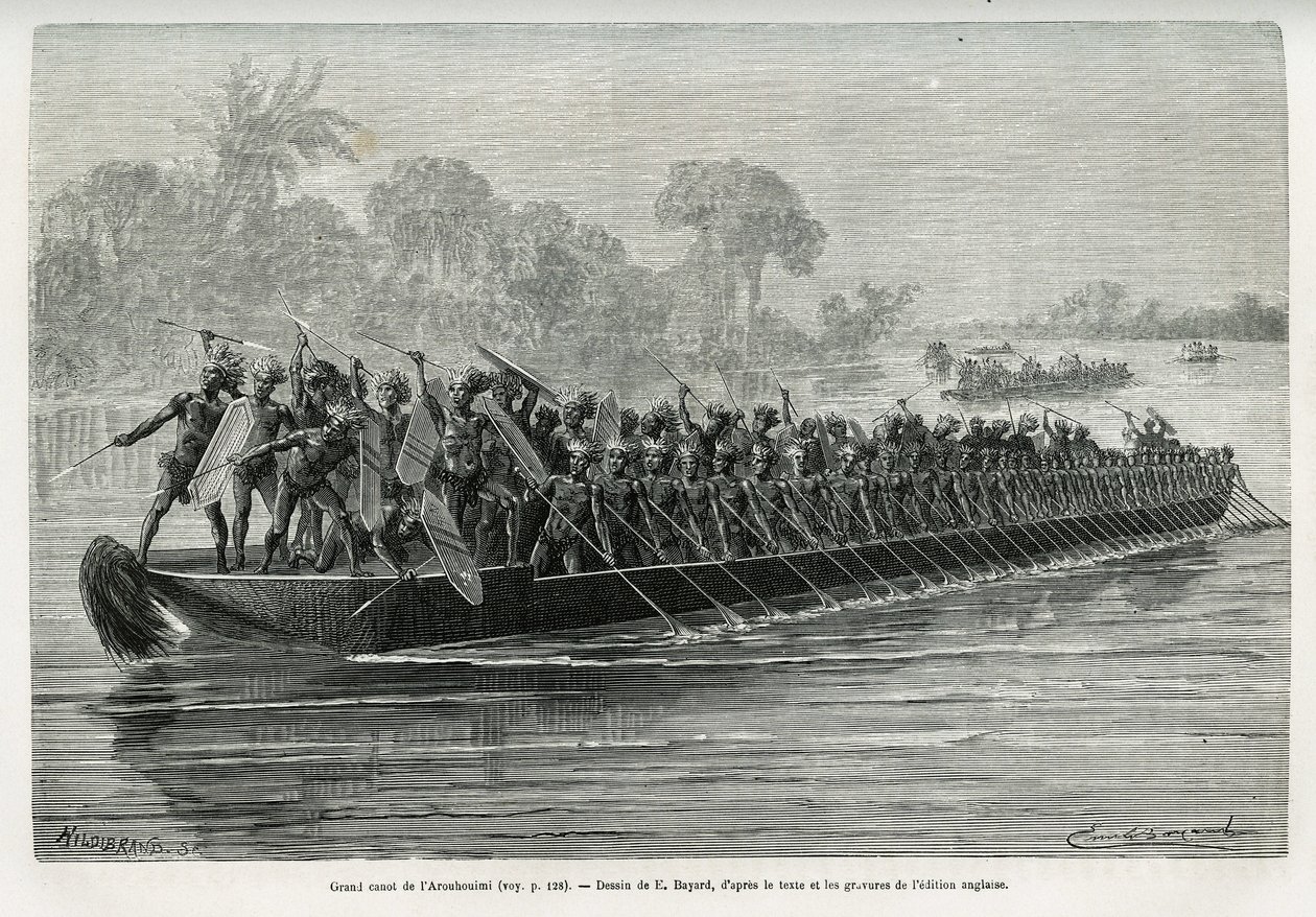 Grande canoa do Arouhouimi, carregada de 40 remadores de pé e vinte guerreiros em armas, no rio Livingstone (Congo), desenhada por Emile Bayard, para ilustrar a história "Through the Mysterious Continent", viagem feita entre 1874-1877, por Sir H.M. de Emile Antoine Bayard