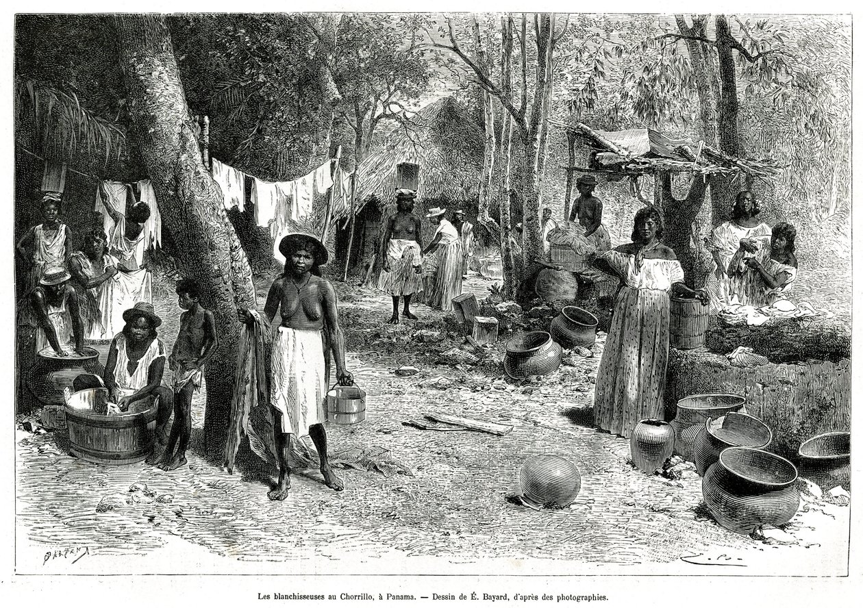 Les blanchisseuses au Chorillo, Panamá, gravado após um desenho de E.Bayard, para ilustrar a história Exploration at the isthms of Panama and Darien, de A. Reclus, tenente de navio, de 1876 a 1878, publicado no tour du monde, sob a direção de Emile Antoine Bayard