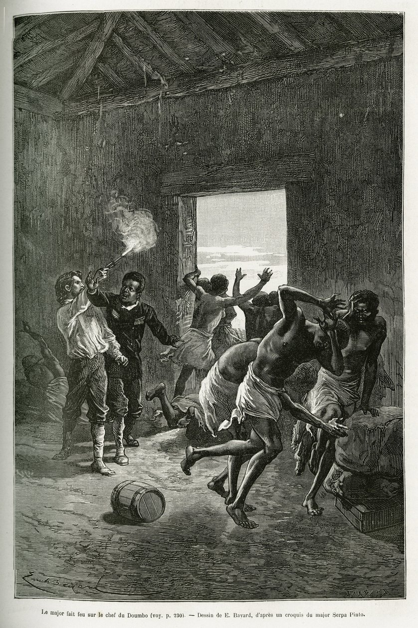 O Major Serpa Pinto disparou contra o chefe da aldeia ou parou porque exigiu ainda mais brandy em troca da sua hospitalidade. Gravura de Emile Bayard, para ilustrar a história de como eu atravessei a África, do Oceano Atlântico ao Índico, por Majo de Emile Antoine Bayard