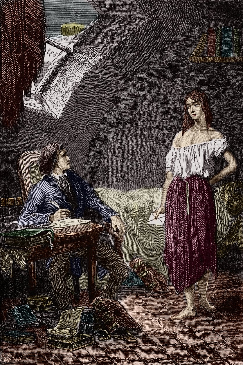 Marius e Eponine, filha mais velha dos Thenardiers e apaixonada por Marius Ilustração do romance "Les Miserables" de Victor Hugo (1802-1885) Ilustração de Emile Bayard - (Eponine Thenardier (Jondrette girl) e Marius) Gravação da colecção privada de Emile Antoine Bayard