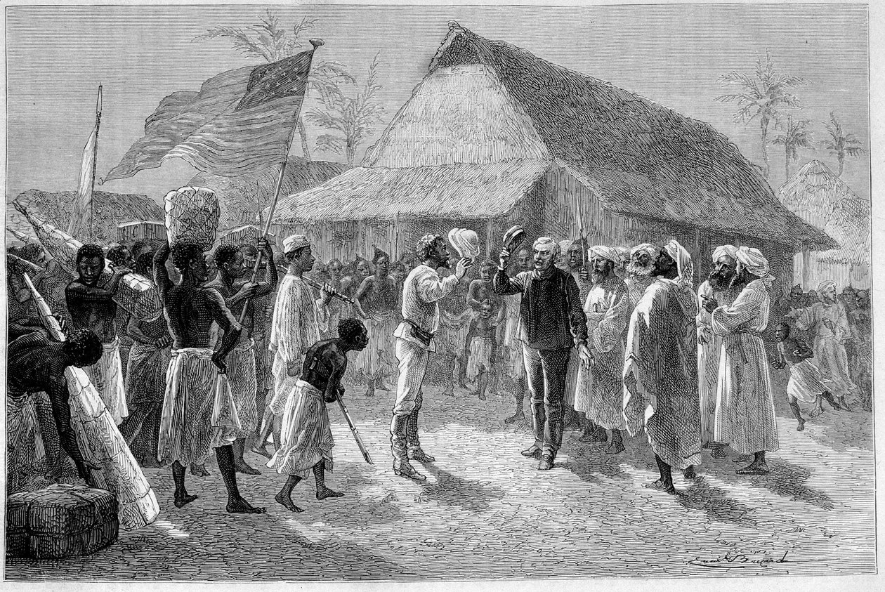 Encontro entre Sir Henry Morton Stanley (1841-1904) e David Livingstone (1813-1873), em "Le Tour du Monde". de Emile Antoine Bayard