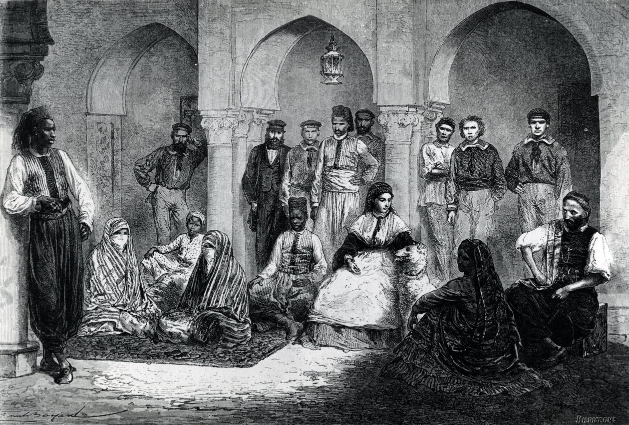 Miss Tinne com sua equipe da Casa, Argel, ilustração de &39;Le Tour du Monde&39;, 1871 de Emile Antoine Bayard