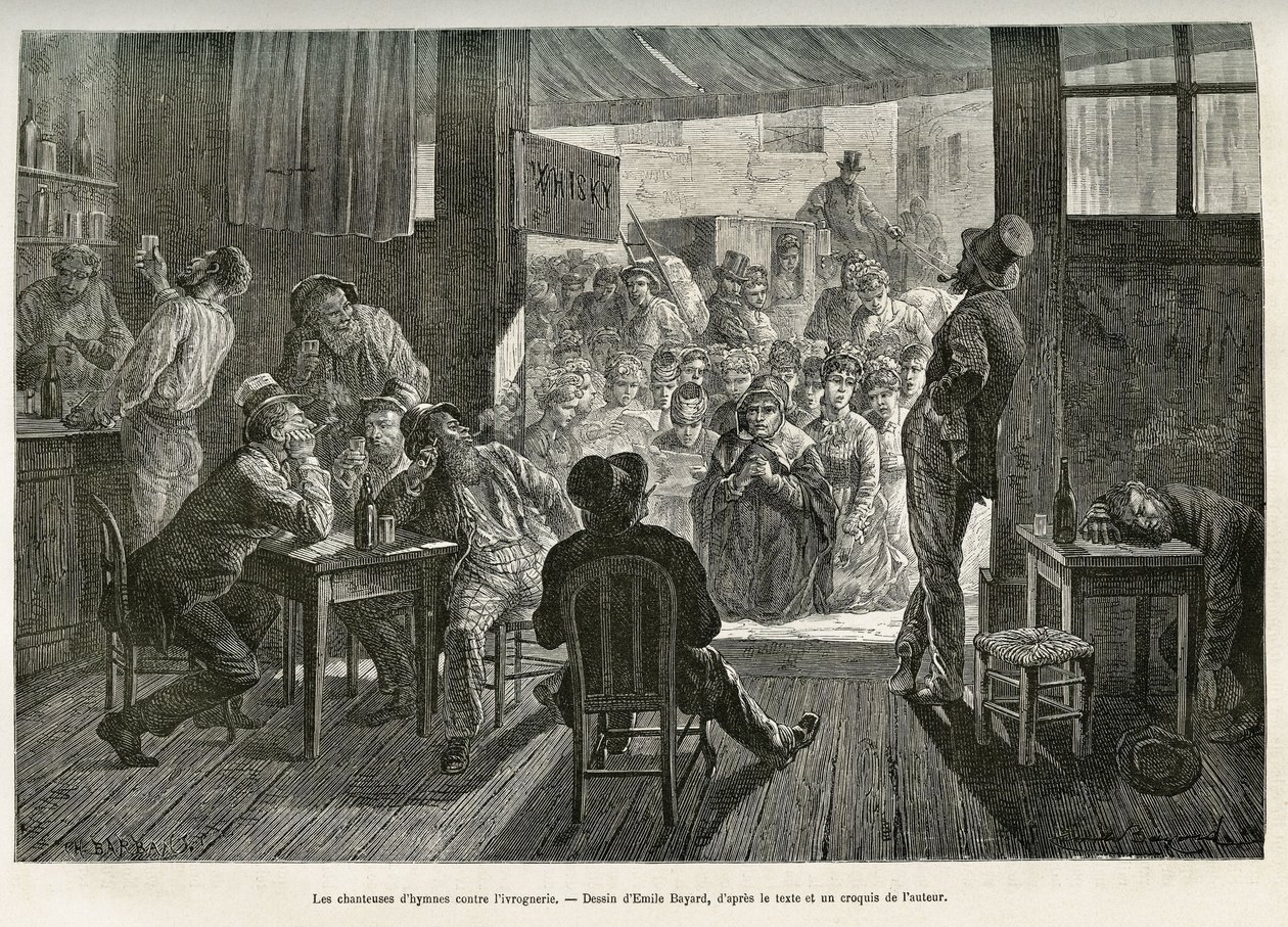 Os cantores de hinos de embriaguez da Madre Carey se reuniram na entrada de um bar de uísque do Ohio para combater o florescimento do alcoolismo. O desenho de Emile Bayard para ilustrar a história La conquete blanche, de William Hepworth Dixon, em 1875, pu de Emile Antoine Bayard