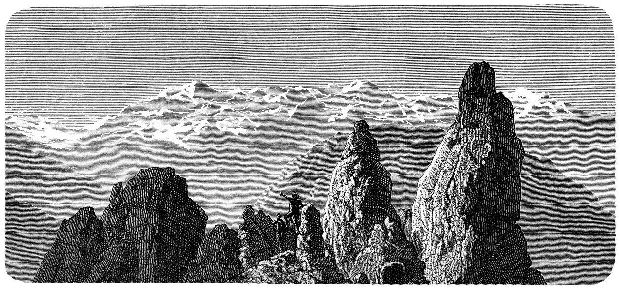 Cume da montanha chamado Pierre a Voir perto dos banhos da Saxônia no Valais, nos Alpes suíços. Ilustração de Emile Bayard para o livro "Les Montagnes" de Albert Dupaigne, edição Mame 1881. de Emile Antoine Bayard