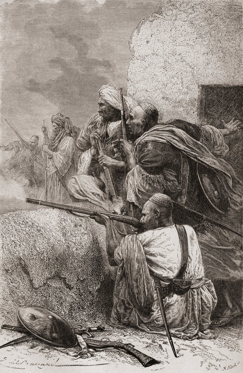 Rebeldes do norte do Afeganistão combatem os britânicos nas montanhas de Hazara, no Paquistão, durante o domínio britânico, em 1878 de Emile Antoine Bayard