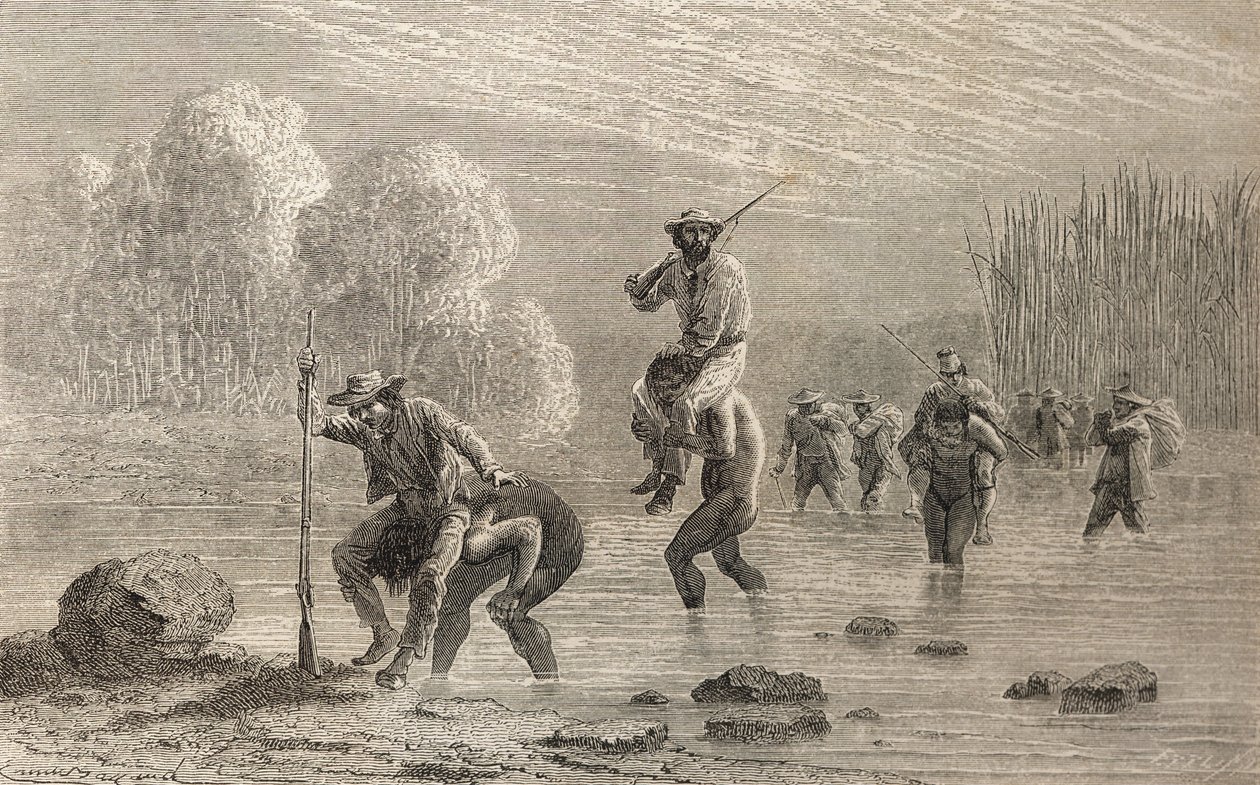 Paul Marcoy e sua expedição foram transportados através de um pântano na Argentina por índios Chuncho em 1874, ilustração de "The World in the Hands", publicada em 1878 de Emile Antoine Bayard