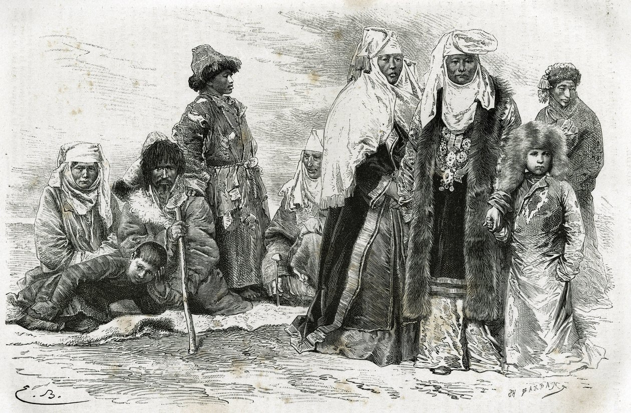 Mulheres quirguizes pobres e ricas. Gravura de Emile Bayard, para ilustrar impressões de viagem de Orenburg a Samarkand, de Marie de Ujfalvy-Bourdon, entre 1876 e 1878, no Tour du monde, dirigido por Edouard Charton de Emile Antoine Bayard