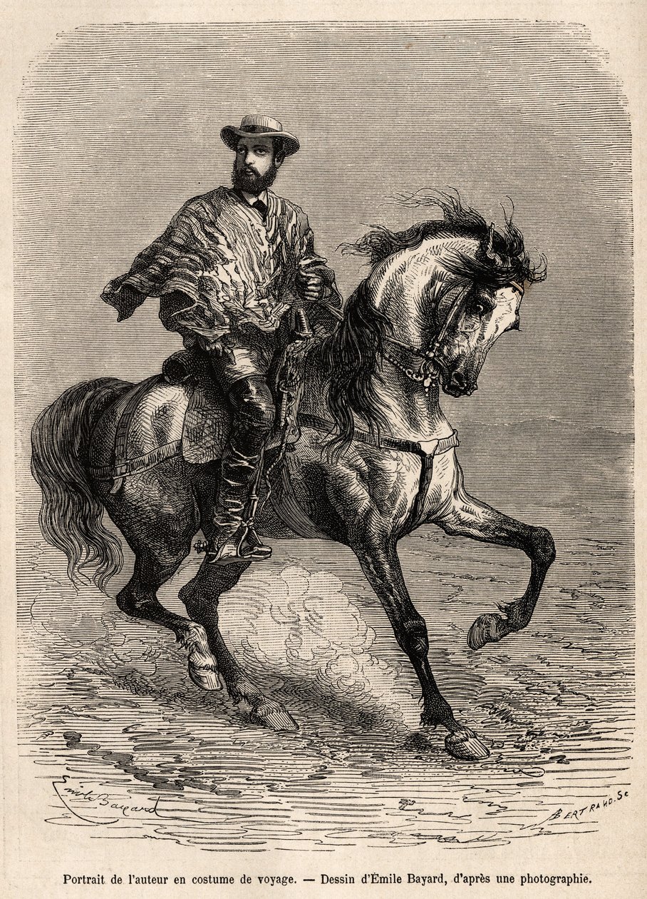 Retrato do autor, em sua montagem, vestindo seu traje de viagem, gravado após um desenho de Emile Bayard ilustrando a história no deserto de Acatama e Caracoles (América do Sul), do engenheiro A. Bresson, em 1870-1874, publicado em "Le tour du monde de Emile Antoine Bayard