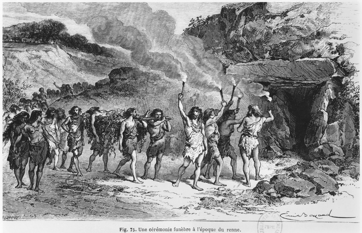Rito funerário pré-histórico, ilustração de "O homem primitivo" por Louis Figuier (1819-94) publicou Hachette, 1870 de Emile Antoine Bayard