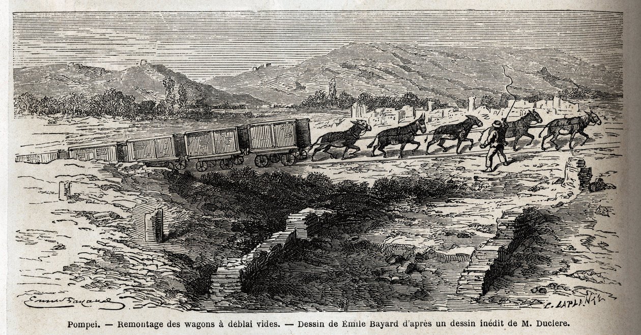 Remontagem de vagões vazios durante as escavações de 1864 em Pompéia, desenho de Emile Bayard (1837-1891), para ilustrar o texto de Marc Monnier (1829-1885) "Pompéia e os Pompeianos". Gravura em "Le tour du monde", editado por Edouard Charton de Emile Antoine Bayard