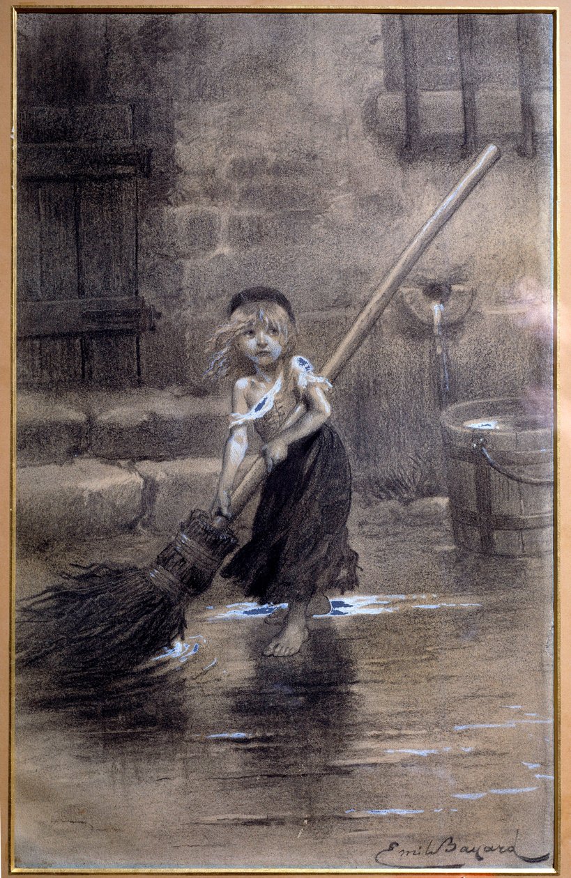 Representação da Cosette, a varrer descalça. Ilustração de "Os Miseráveis" de Victor Hugo (1802-1885) de Emile Bayard (1837-1891) do século XIX. Paris, Maison Victor Hugo de Emile Antoine Bayard