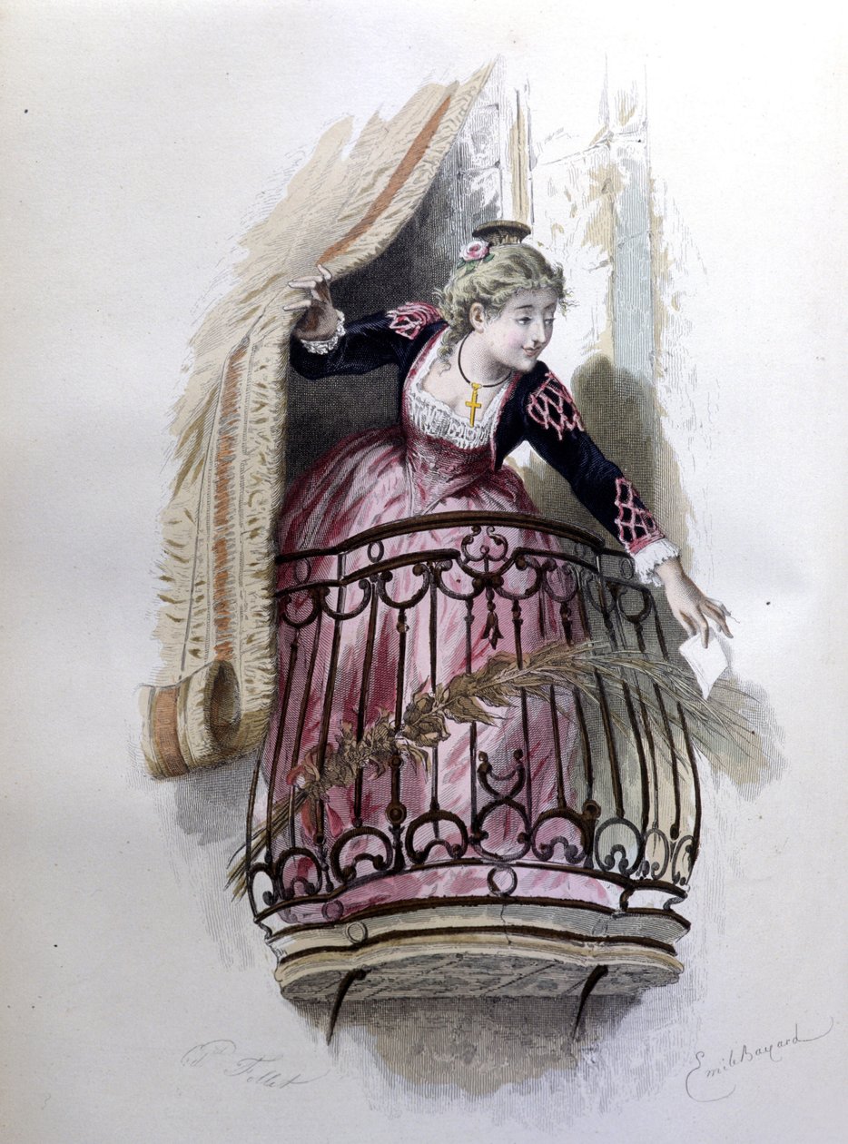 Rosine, personagem do barbeiro de Sevilha de Beaumarchais (1732 - 1799), criada em 1773. Ilustração de Emile Bayard. de Emile Antoine Bayard