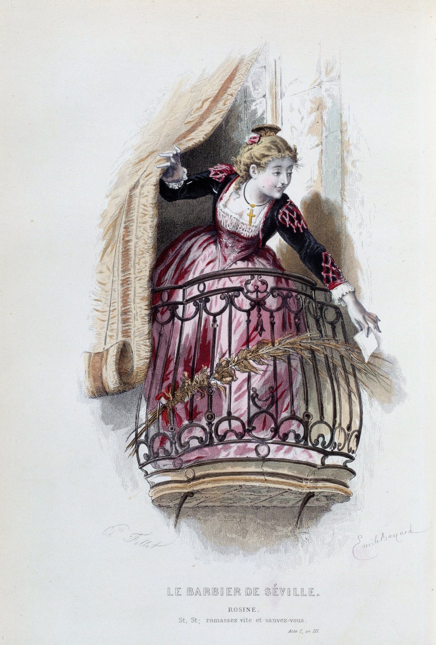 Rosine em "O Barbeiro de Sevilha" de Pierre Augustin Caron de Beaumarchais (1732-1799), desenhos de Emile Bayard (1837-1891) de Emile Antoine Bayard