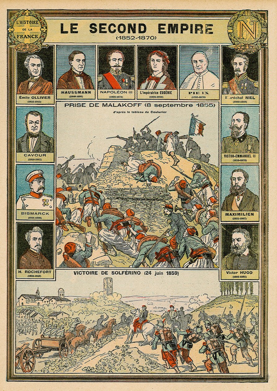 Segundo Império 1852 a 1870 - captura de Malakoff 8 de Setembro de 1855 - vitória de Solferino 24 de Junho de 1859 - Emile Ollivier, Barão Haussmann, Napoleão III, Imperador Eugenia, Papa Pio 9, Marechal Niel, Victor Emmanuel (Victor Emmanuel) (Vittorio Em de Emile Antoine Bayard