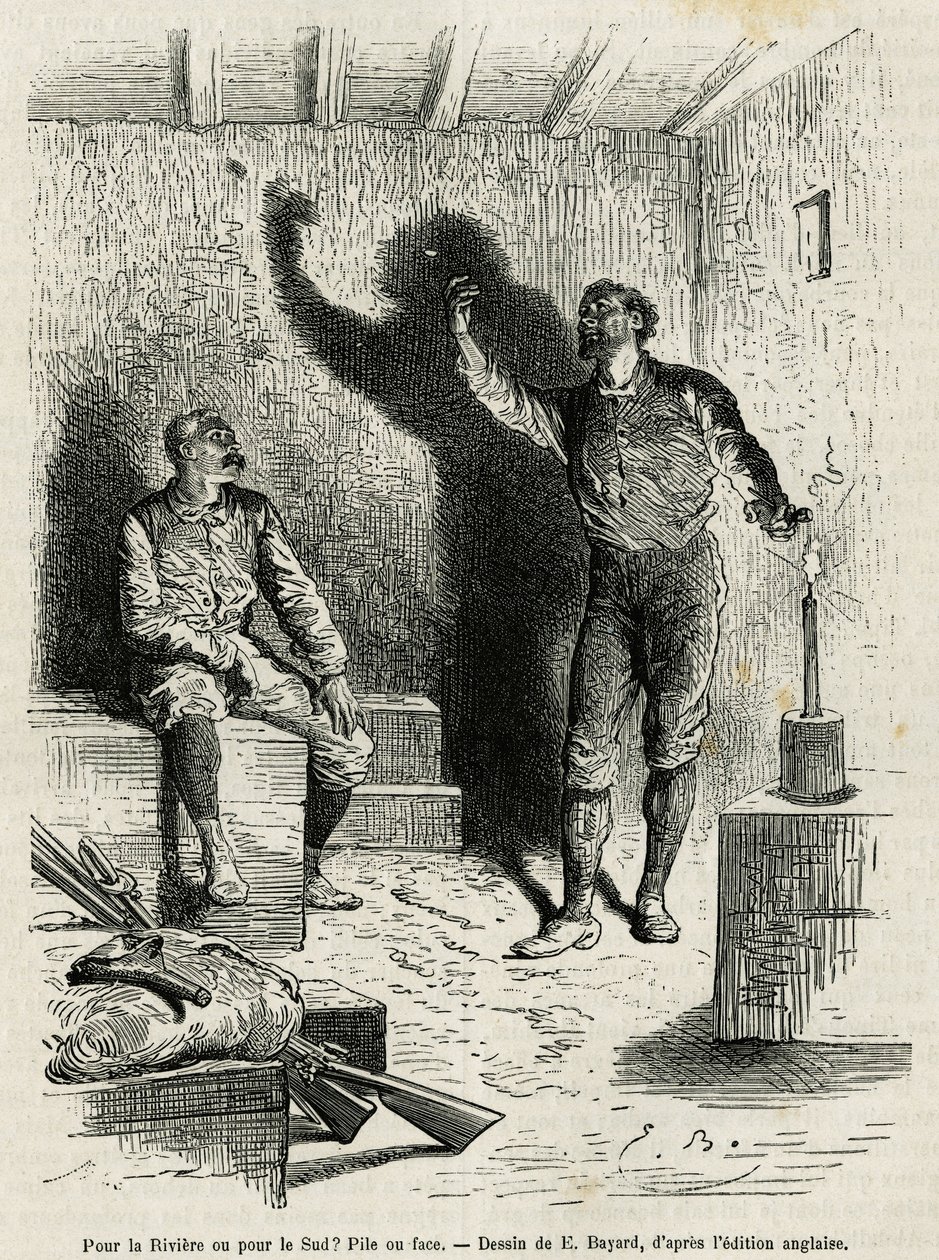 Sir Henri Morton Stanley (1841-1904) e Franck Pock, seu companheiro de exploração, decretam uma pilha ou face do itinerário da sua viagem, desenhada por Emile Bayard, para ilustrar a história "Through the Mysterious Continent" (África Equatorial), uma viag de Emile Antoine Bayard