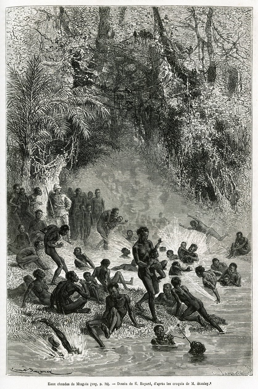 Sir Henri Morton Stanley (1841-1904) no meio dos banhistas da região de Karagoue (Camarões), que mergulham na bacia de água quente e médica do desfiladeiro Mtagata, desenhada por Emile Bayard, para ilustrar a história "Through the Mysterious Continent", um de Emile Antoine Bayard