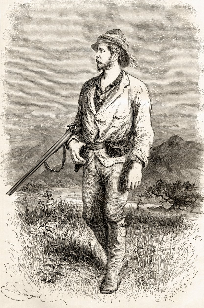 Sir Henry Morton Stanley, ilustração de &39;O mundo nas mãos&39;, gravado por J. Robert, publicado em 1878 de Emile Antoine Bayard