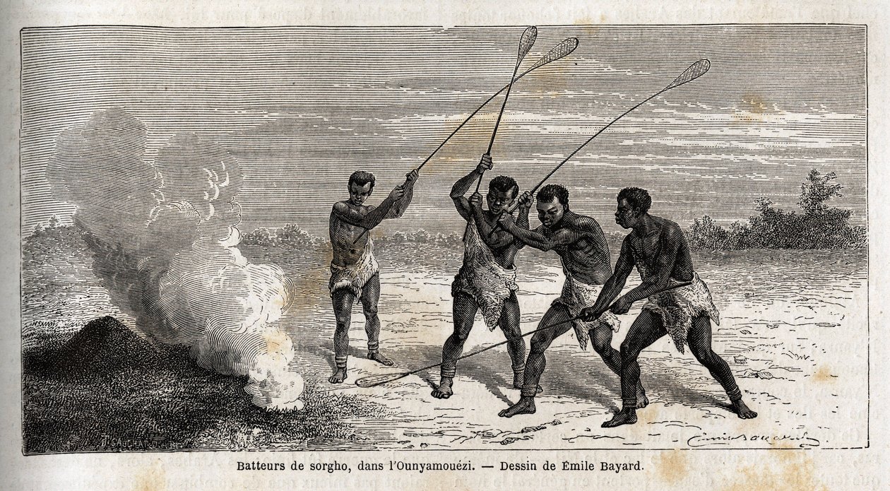 Tambores de sorgo, na região dos Grandes Lagos, África, desenho de Emile Bayard (1837-1891), ilustrando a viagem de descoberta do Capitão Speke na África de 1860 a 1863. Gravura em "Le tour du monde", editado por Edouard Charton de Emile Antoine Bayard