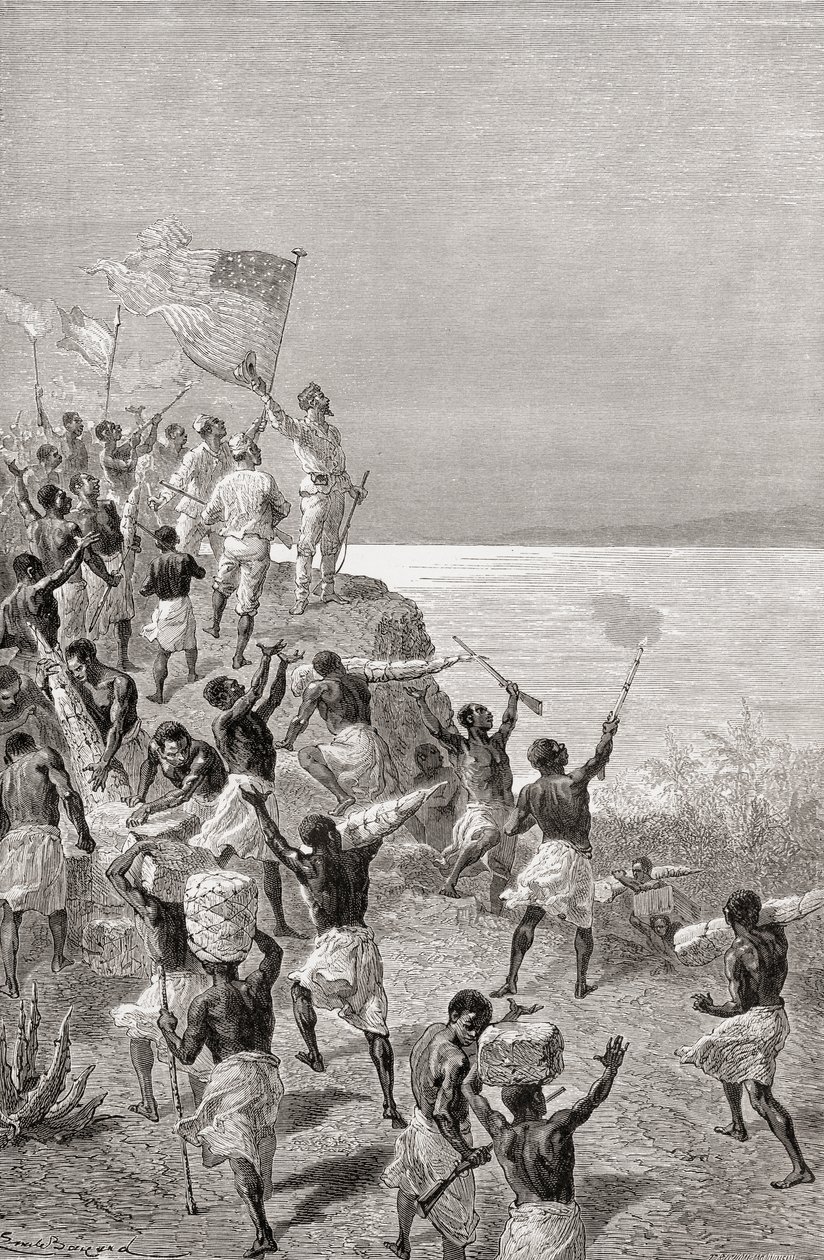 Stanley e sua primeira observação de Tanganica, na África Oriental, em 1872, ilustração de "O mundo nas mãos", publicada em 1878 de Emile Antoine Bayard