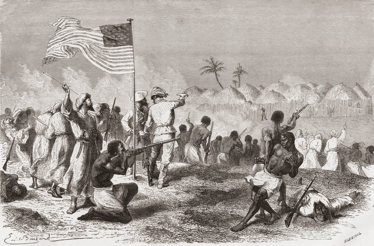O ataque de Stanley a Zimbizo durante sua expedição em 1871, ilustração de "O mundo nas mãos", gravada por Henri Theophile Hildibrand (1824-97), publicada em 1878 de Emile Antoine Bayard