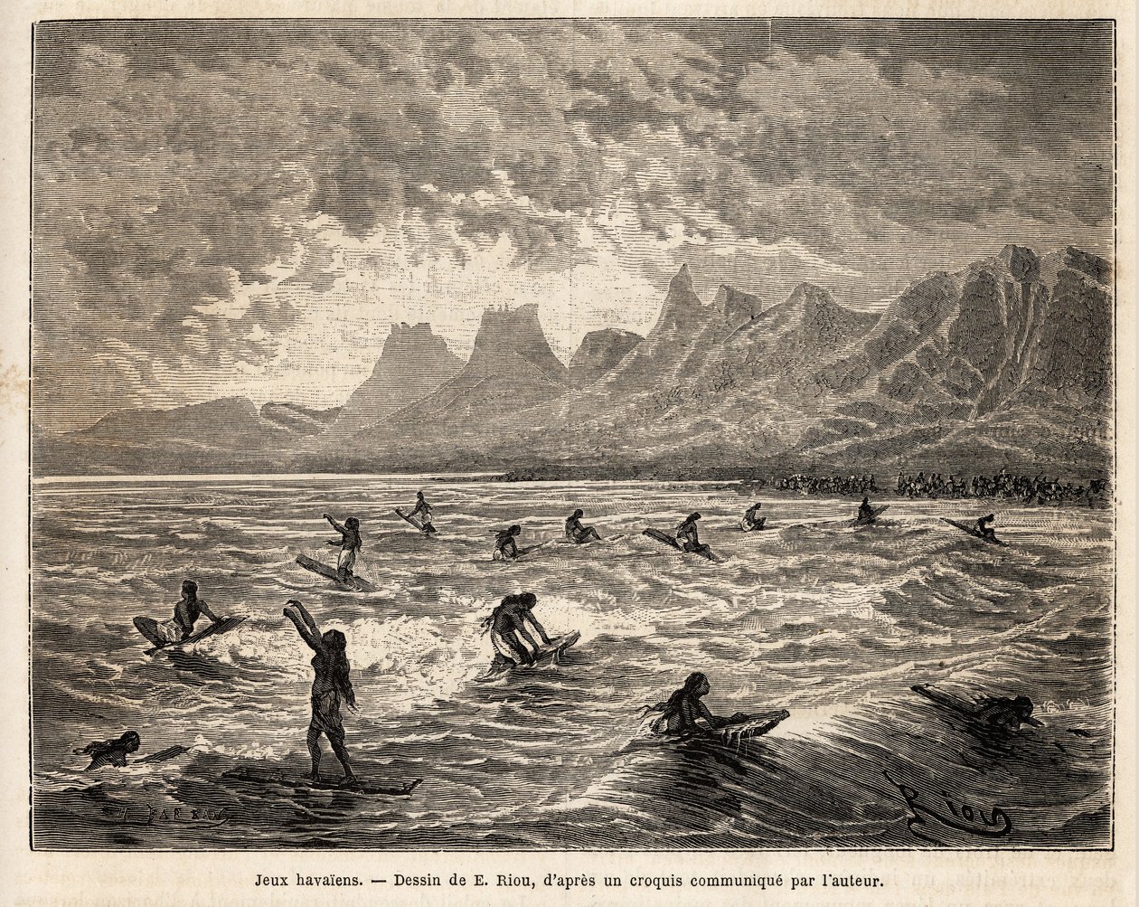 Surf, a prática do jogo favorito do Havaí, aqui pelas mulheres, em equilíbrio, em pé ou sentadas, na prancha, no crete des waves, que as trazem de volta à praia, gravando depois do desenho de Emile Bayard, ilustrando a viagem para as Ilhas Sandwich de Emile Antoine Bayard