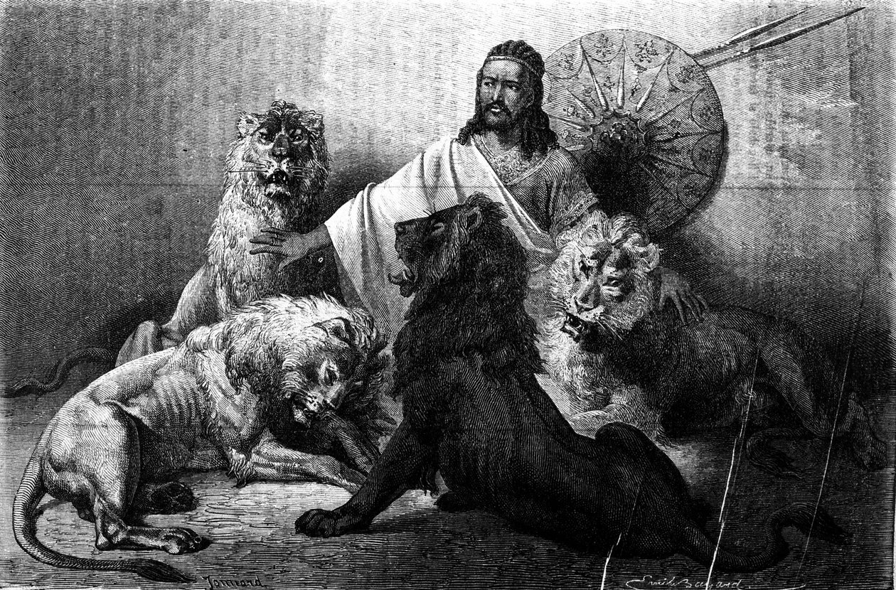 O Imperador (ras) Theodoros da Abissínia rodeado pelos seus leões. gravura da metade do século XIX. Ilustração de Emile Bayard. de Emile Antoine Bayard