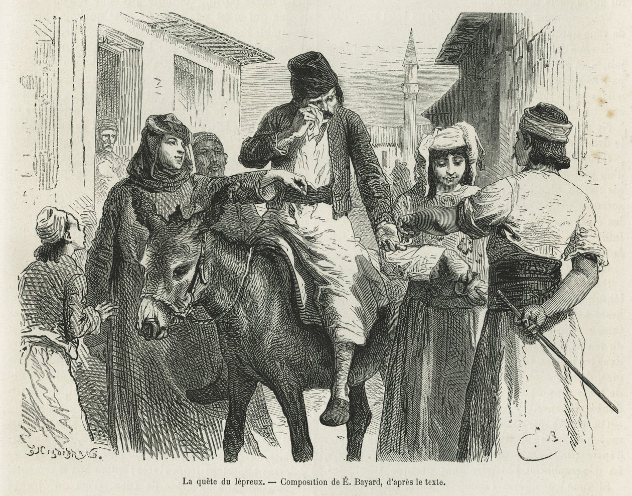 A Leproux Quest em Chio, desenho de Emile Bayard, para ilustrar a história "A ilha de Chio" (Turquia Oriental), em 1877, do Dr. A.Testevuide. Gravura em Le tour du monde de Emile Antoine Bayard