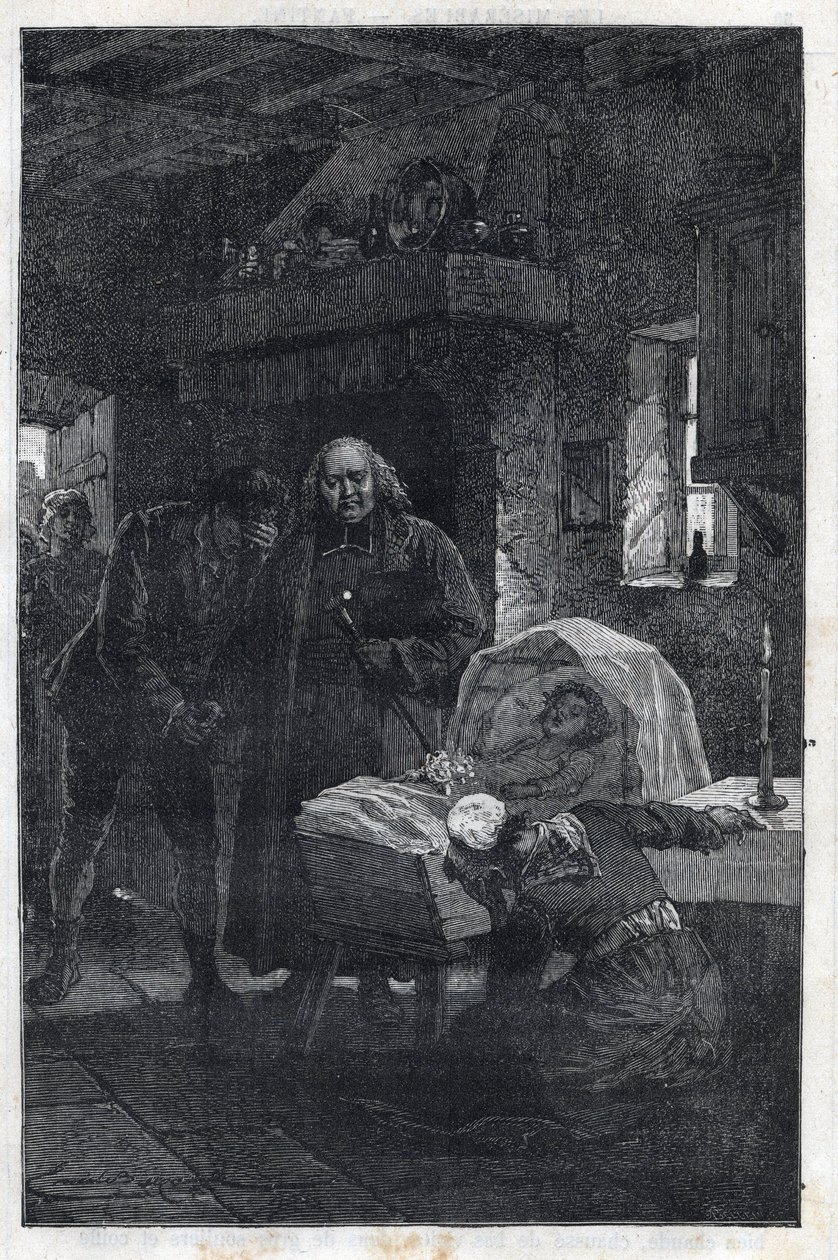 The Myriel Eveque with a Mourning Family - Ilustração de Emile Bayard (1837-1891) para "The Miserables - First Part": Fantine" de Victor Hugo (1802-1885) 1862 de Emile Antoine Bayard
