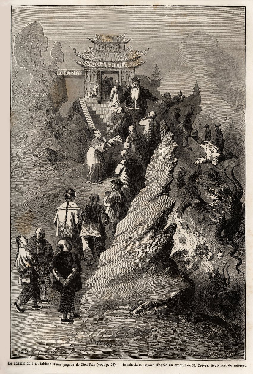 O Caminho do Céu, desenho de E.Bayard, baseado numa pintura de um pagode a Tien Tsin, ilustrando a viagem de Xangai a Moscovo, de 1859 a 1862, de M.de Bourboulon, Ministro da França na China. Gravura em "Le tour du monde", editado por Edou de Emile Antoine Bayard