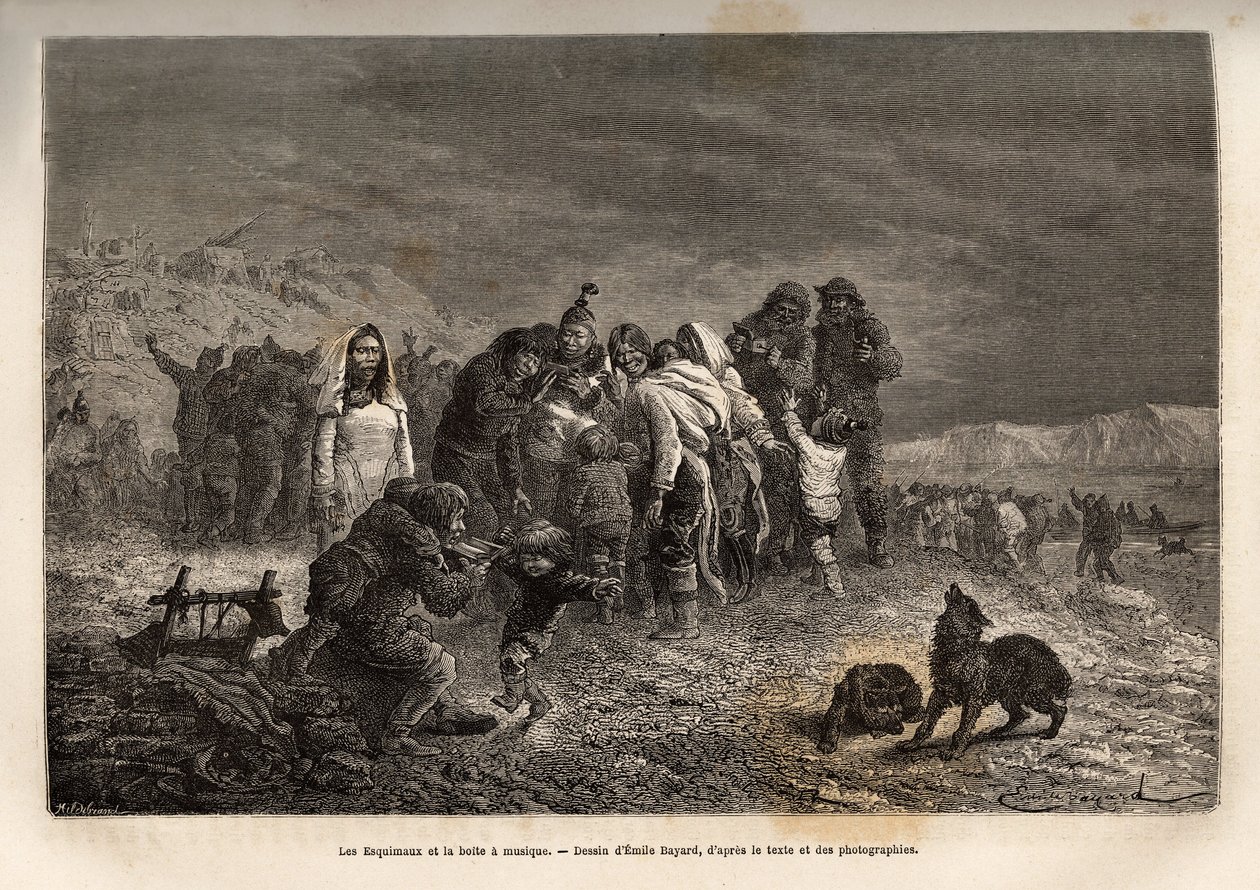 O espanto dos esquimós ao descobrirem as caixas de música nas proximidades de Friedrichsthal (Gronelândia), gravadas após o desenho de Emile Bayard, ilustrando a viagem dos navios La Germania e La Hansa ao Pólo Norte em 1869-1870, pelo Capitão He de Emile Antoine Bayard