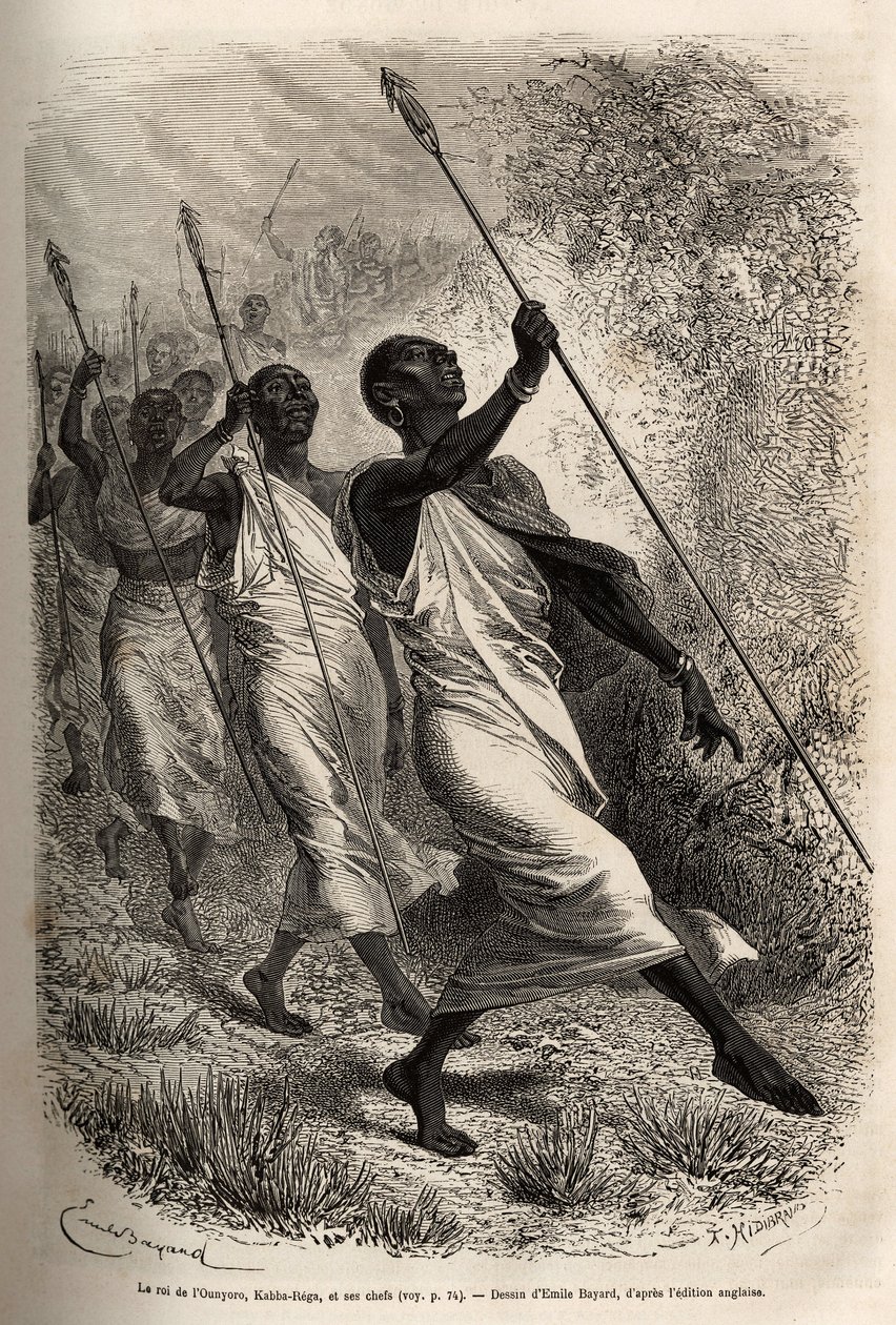 A chegada de Kabba Rega, rei do Ounyoro (Sudão oriental) e dos chefes da sua corte, ao acampamento de Sir Baker para uma visita oficial, gravada após um desenho de Emile Bayard, ilustrando uma expedição na África Central, para a supressão do de Emile Antoine Bayard