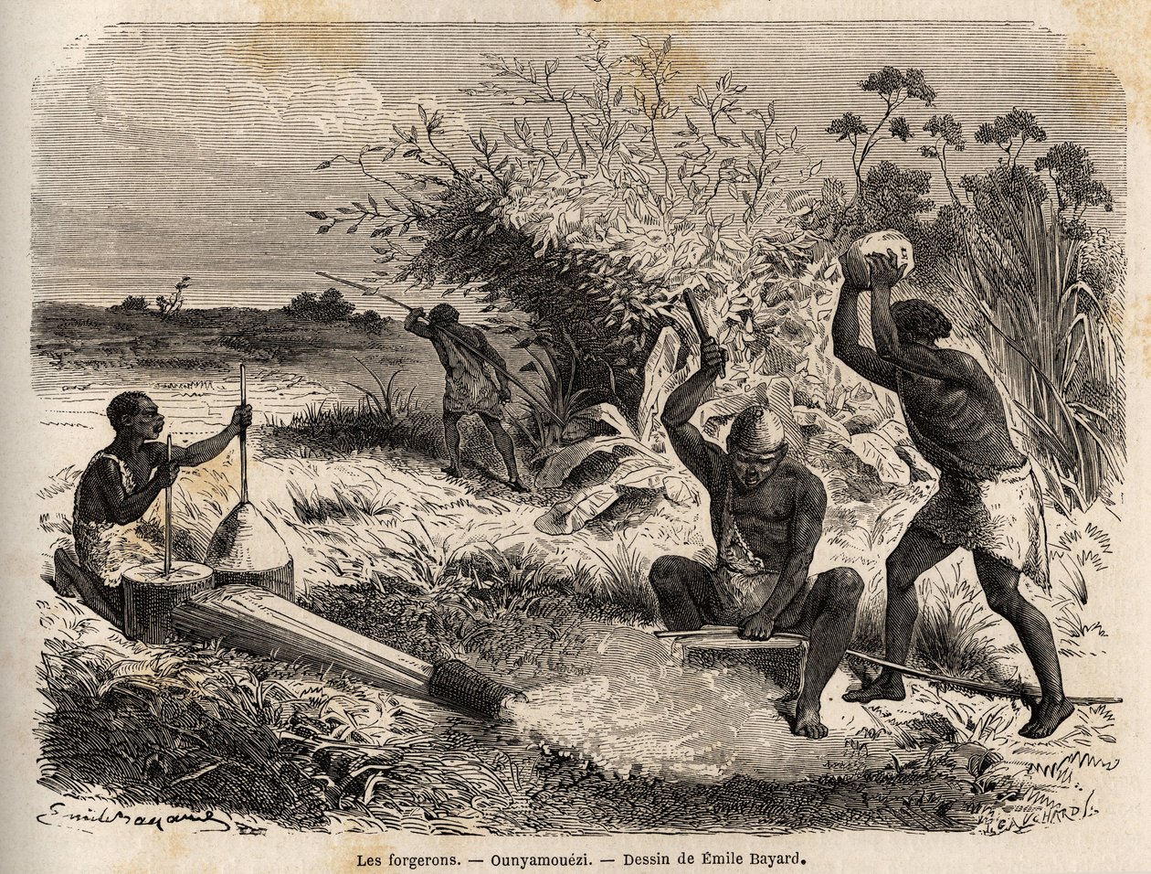 Os ferreiros, na região dos Grandes Lagos, África, desenho de Emile Bayard (1837-1891), ilustrando a viagem de descoberta em África, de 1860 a 1863 do Capitão Speke. Gravura em "Le tour du monde", editado por Edouard Charton de Emile Antoine Bayard