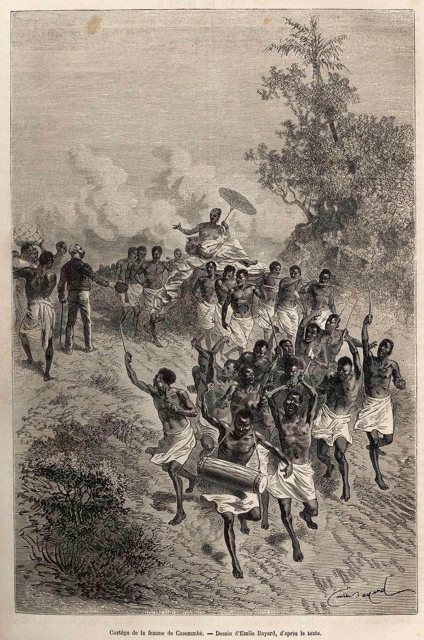 O cortejo da esposa de Cassemmbe passa diante de Livingstone que a saúda, gravado após um desenho de Emile Bayard, ilustrando o último diário de David Livingstone (1813-1873), em 1866-1873, publicado em "Le tour du monde" 1875, editado por Edouard Charton, de Emile Antoine Bayard