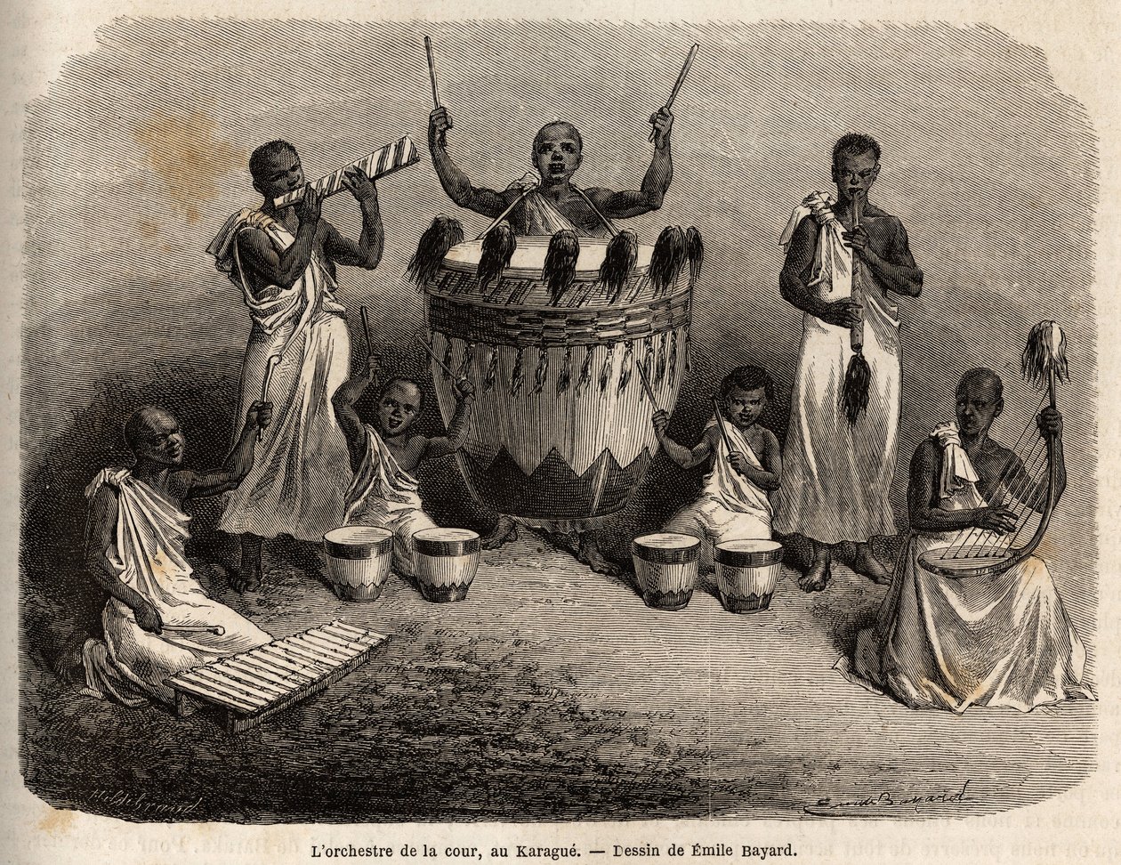 A orquestra da corte, no Karague (a oeste do Lago Vitória, actual Zimbabwe), desenho de Emile Bayard (1837-1891), ilustrando a viagem de descoberta do Capitão Speke em África de 1860 a 1863. Gravura em "Le tour du monde", editado por Edouard Char de Emile Antoine Bayard