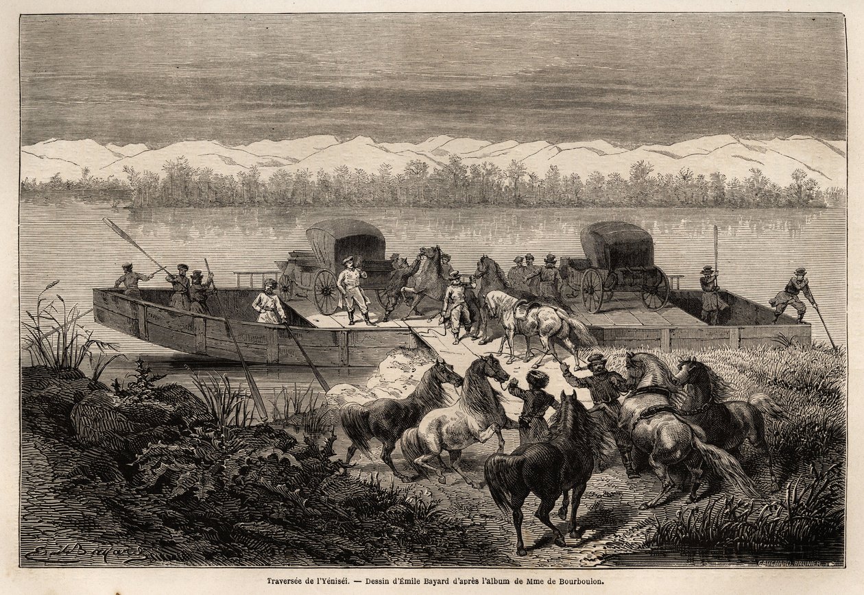 A travessia do rio Yenissei (Rússia), desenhada por Emile Bayard (1837-1891) para ilustrar a viagem de Xangai a Moscou, de 1859 a 1862, de M. de Bourboulon, ministro da França à China. Gravura em "Le tour du monde", editado por Edouard C de Emile Antoine Bayard