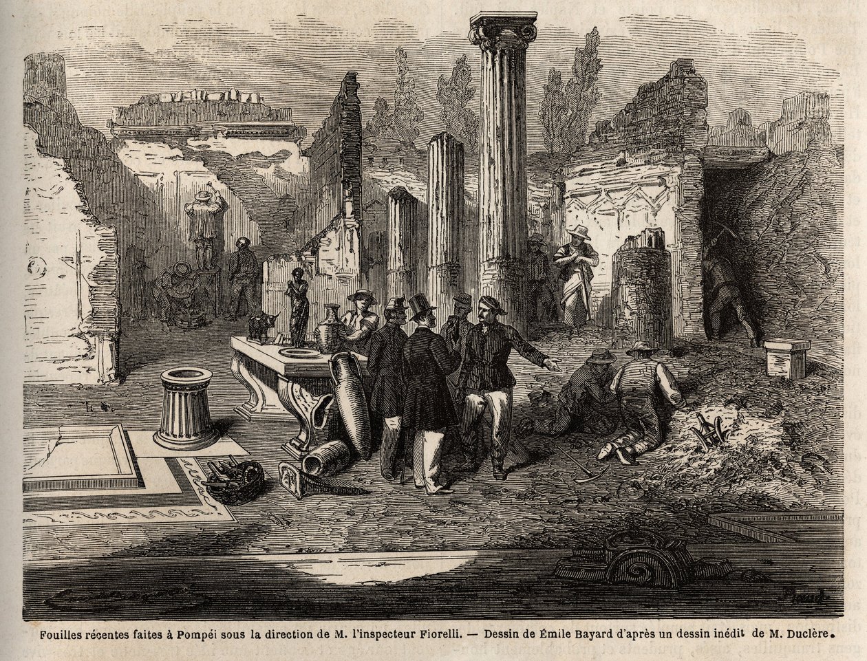 As escavações de 1864 em Pompeia, sob a direcção do Inspector Fiorelli, desenho de Emile Bayard (1837-1891), para ilustrar O texto de Marc Monnier (1829-1885) "Pompeia e os Pompeianos". Gravura em "Le tour du monde", editado por Edouard Chart de Emile Antoine Bayard