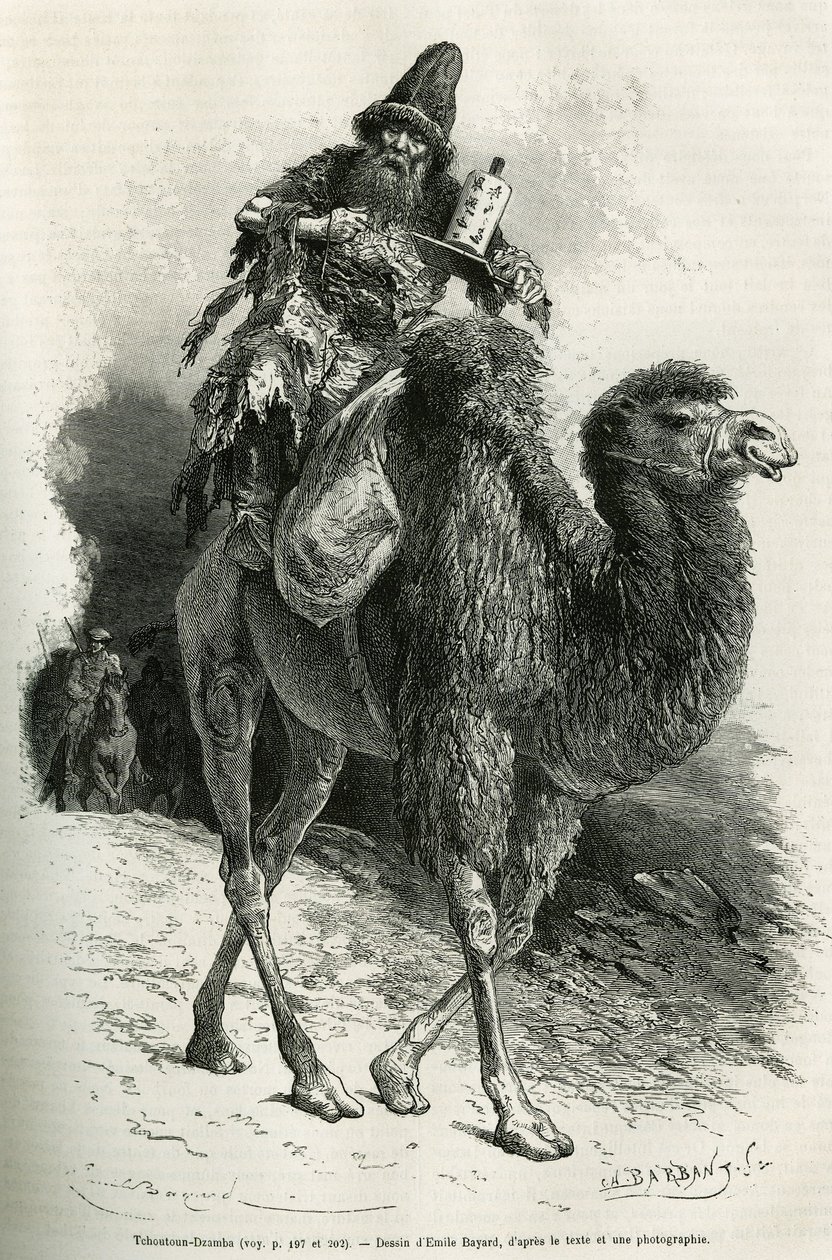O guia e intérprete da expedição, Chutun Dzamba, 58 anos, agachado no seu camelo, murmurava continuamente orações, desenhadas por Emile Bayard para ilustrar a viagem à Mongólia e à terra dos Tangutes de 1870 a 1873, pelo tenente de Emile Antoine Bayard