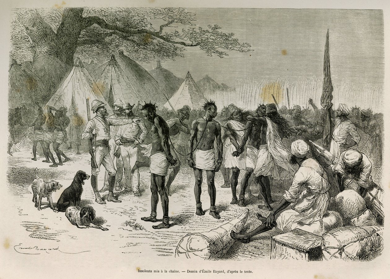 Os insolentes transportadores da expedição colocados na cadeia, desenhados por Emile Bayard, para ilustrar a história: Por toda a África, de Zanzibar (Tanzânia) a Benguela (Angola), de 1872 a 1876, pelo Tenente V.H.Cameron. Gravura em Le tour du monde de Emile Antoine Bayard